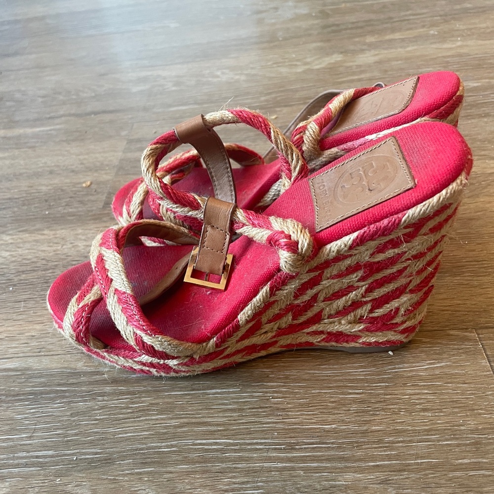 Tory Burch Red and Tan Wedge Sandals